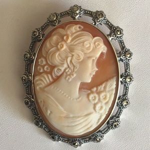Vintage ACI Marcasite Sterling Silver Cameo Brooch